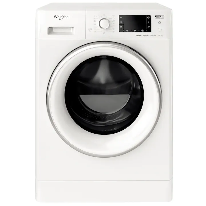 Masina de spalat rufe cu uscator Whirlpool FWDD1071682WSVEUN, 10kg spalare, 7 kg uscare, 1600 rpm, Clasa D, Motor Inverter, 6th Sense, FreshCare+, Alb