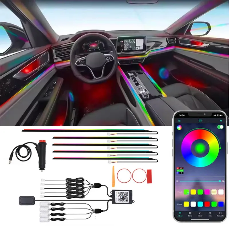 Lumina ambientala auto, banda neon, kit RGB 9 in 1, 256 de moduri, Fudisenn, control Bluetooth, telecomanda inteligenta prin aplicatie, conexiune bricheta, DC12V, 5W, efecte dinamice de culoare, colorat