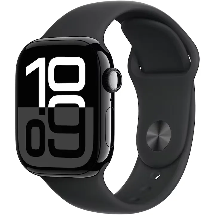 Apple Watch 10 GPS, Carcasa Jet Black Aluminium 42mm, Black Sport Band - M/L