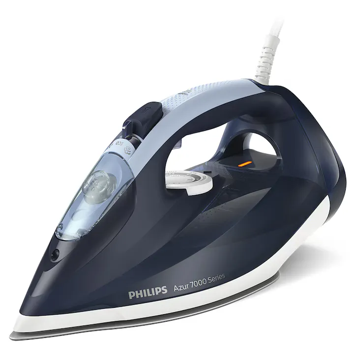 Fier de calcat Philips Azur DST7030/20, 2800W, debit de abur continuu de 50g/min si jet de abur de 250 g, talpa SteamGlide Plus, rezervor de 300ml si sistem de curatare automata cu rezervor integrat pentru calcar, oprire automata de siguranta, albastru