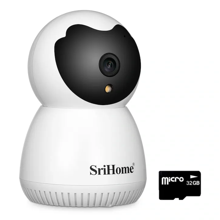 Camera de supraveghere WIFI SriHome® SH036 Ultra, Night vision color, Rotire automata, FullHD, 3.0 MP, zoom 3X, senzor miscare, card memorie inclus, alb
