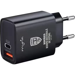 Incarcator retea MYRIA Echipa Nationala de Fotbal MY9092FRF, 1x USB-A, 1x USB-C, Power Delivery (PD) 30W, negru
