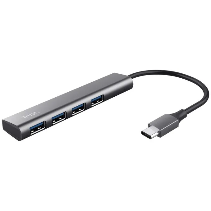 Hub USB-C Trust Halyx 4 porturi USB-A 5 Gbps, USB-C 3.2 gen1, Aluminiu