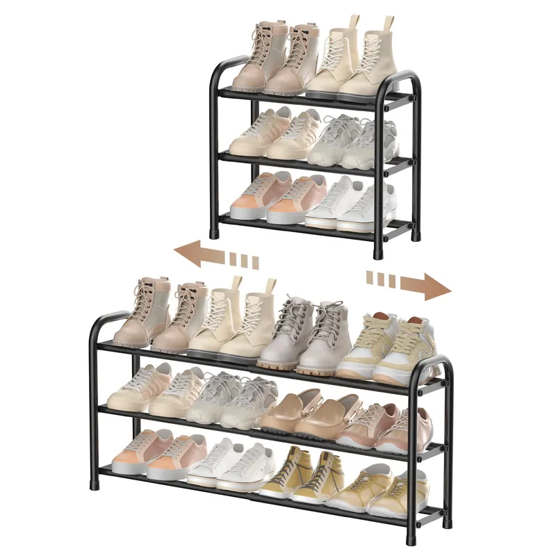 Pantofar Extensibil, Raft Telescopic pentru Pantofi, 3 Rafturi, Extensibil de la 45cm la 80cm, Capacitate 8-12 Perechi, Material Metalic Durabil, Usor de Asamblat, Ideal pentru Dormitor si Hol, Negru