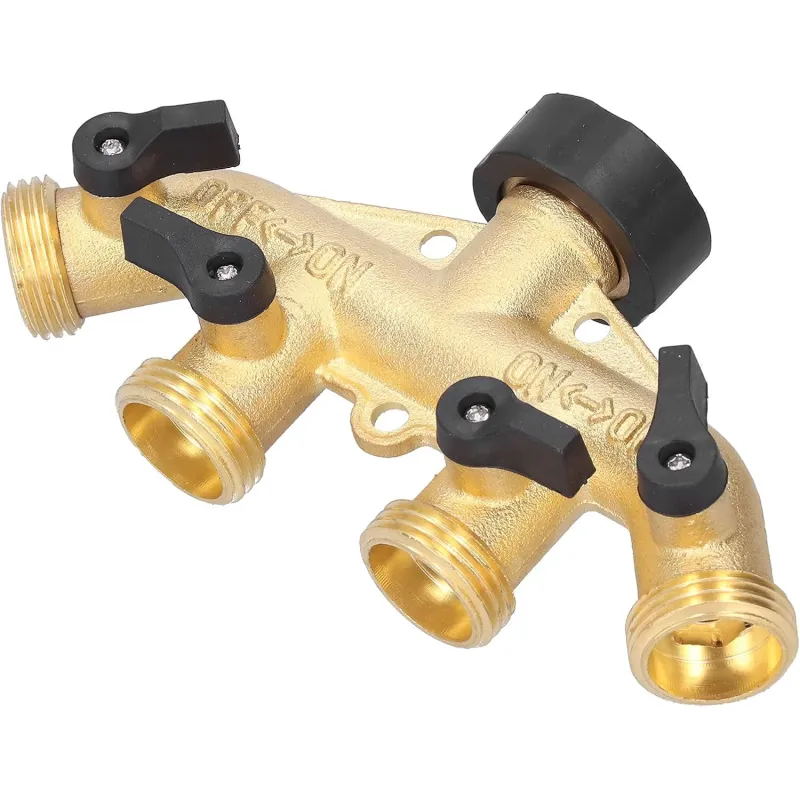 Splitter furtun de apa 4 cai, Separator furtun gradina 4 cai, din alama, 3/4", cu 4 valve, rezistent la coroziunecu robinet si supape, cu robinet si supape，18x12x6cm