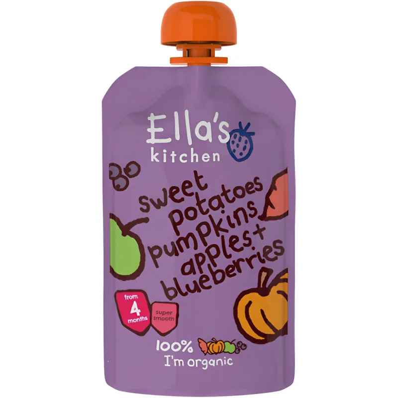 Piure cu cartofi dulci, dovleac, mere si afine Ella's Kitchen, de la 4 luni, 120 g