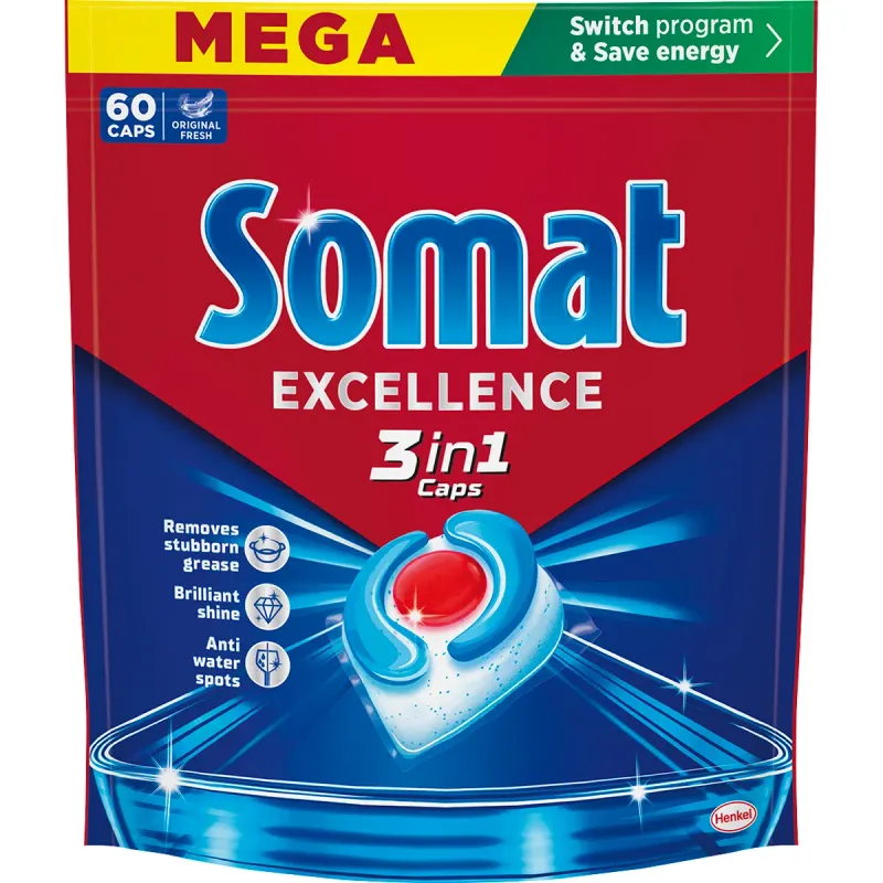 Detergent capsule pentru masina de spalat vase Somat Excellence 3 in 1 Caps, 60 bucati