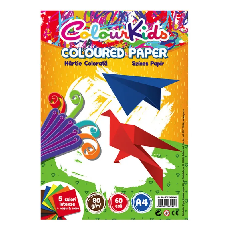 Set hartie A4 Pigna Colour Kids 5 culori plus negru si maro pachet 60 coli