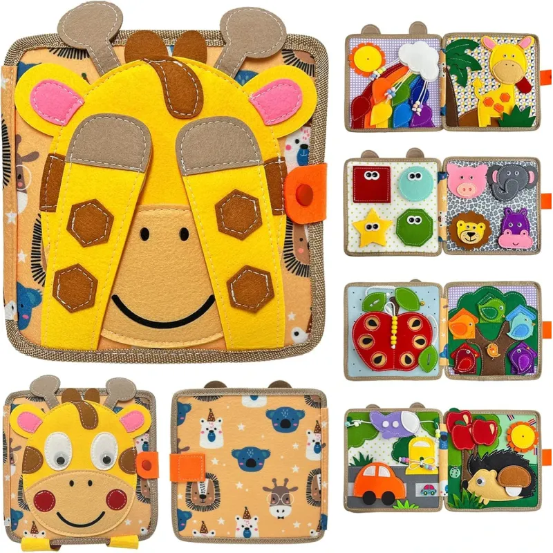 Carte educativa Montessori, cu activitati senzoriale, Simply Joy, 10 pagini pentru dezvoltarea abilitatilor de baza, jucarie educativa pentru calatorii, activitati multiple, cadou pentru bebelusi, fete si baieti, Girafa, Galben