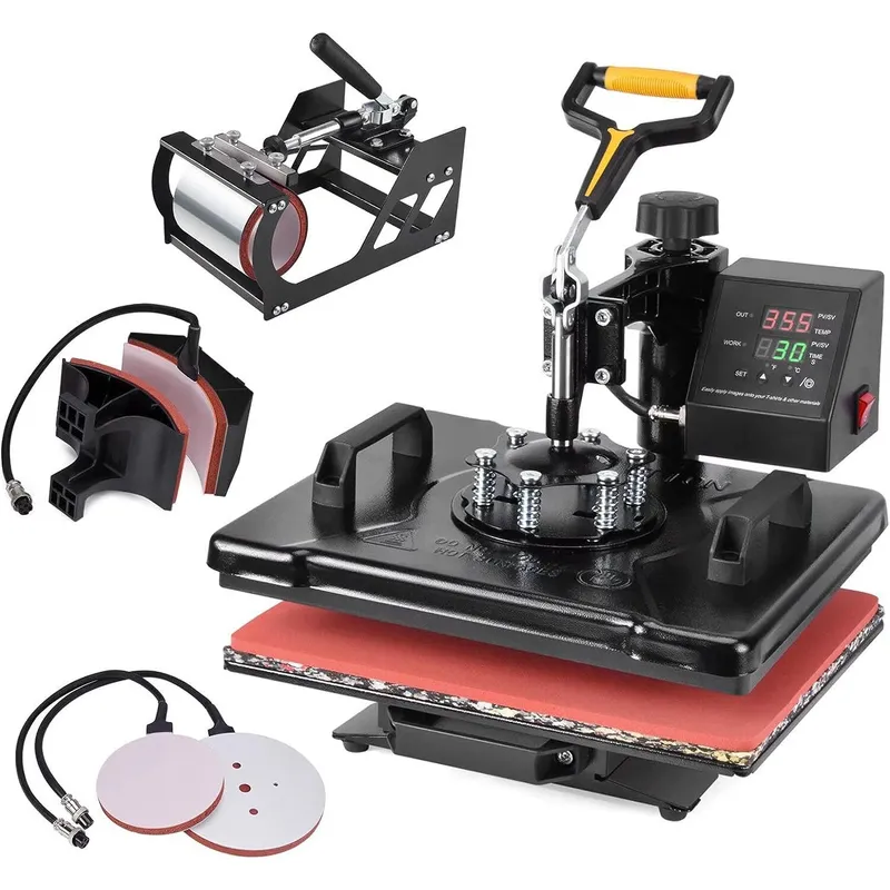 Presa multifunctionale pentru imprimare termica 5 in 1, Influential Tech, personalizari tricouri, cani, sepci, farfurii, design rotativ 360°, afisaj digital LCD, 30 x 38 cm, 1000 W, 0 - 220 grade celsius