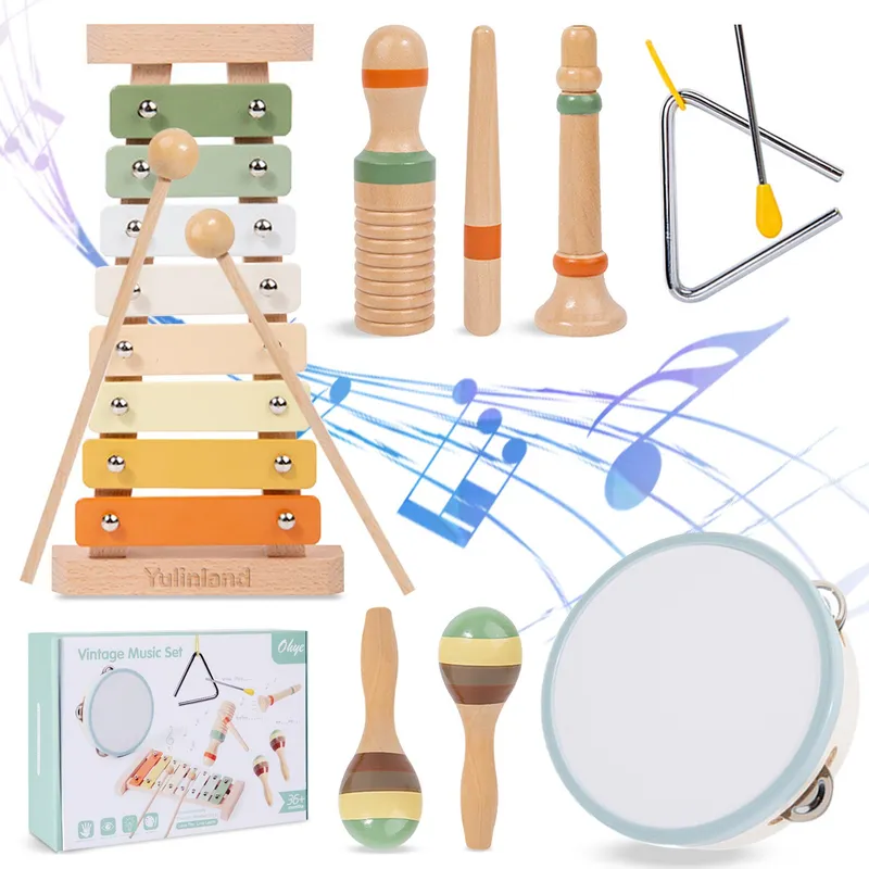 Set instrumente muzicale din lemn pentru copii Yulinland®, dezvolta recunoasterea ritmului, perfectioneaza coordonarea ochi-mana, abilitati de concentrare, Multicolor, 6 bucati