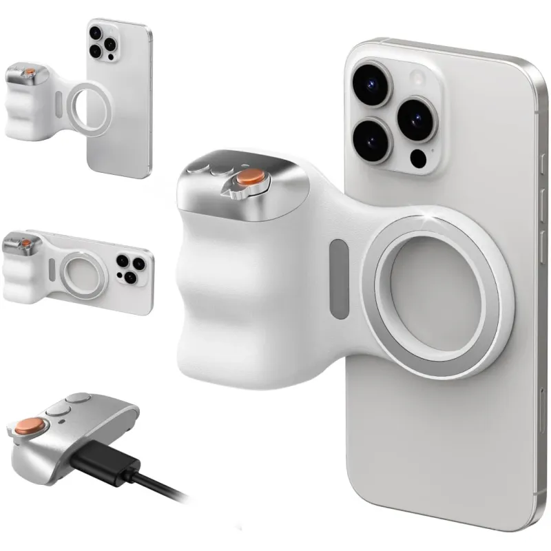 Maner inteligent cu buton, Telesin Fun Shot P1-M-10, cu telecomanda bluetooth wireless detasabila, atasare magnetica, control zoom, compatibil iPhone 16, 15, 14, 13, 12, IOS/Android, OUYLAF, Alb