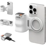 Maner inteligent cu buton, Telesin Fun Shot P1-M-10, cu telecomanda bluetooth wireless detasabila, atasare magnetica, control zoom, compatibil iPhone 16, 15, 14, 13, 12, IOS/Android, OUYLAF, Alb