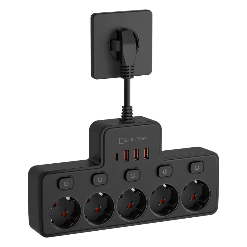 Prelungitor, LEHOTPIA, Protectie Copii, Multifunctional, Montat pe Perete, 5 Intrerupator Individuel, 2500W Maxim, 5 Prize AC + 4 Porturi USB + 1 Type C, Negru