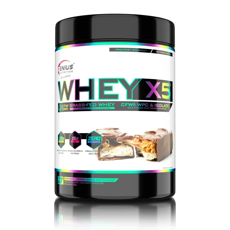 Proteina din zer Genius Nutrition Whey X5, Pudra proteica pentru cresterea masei musculare cu aroma de Bueno Chocolate, 900g