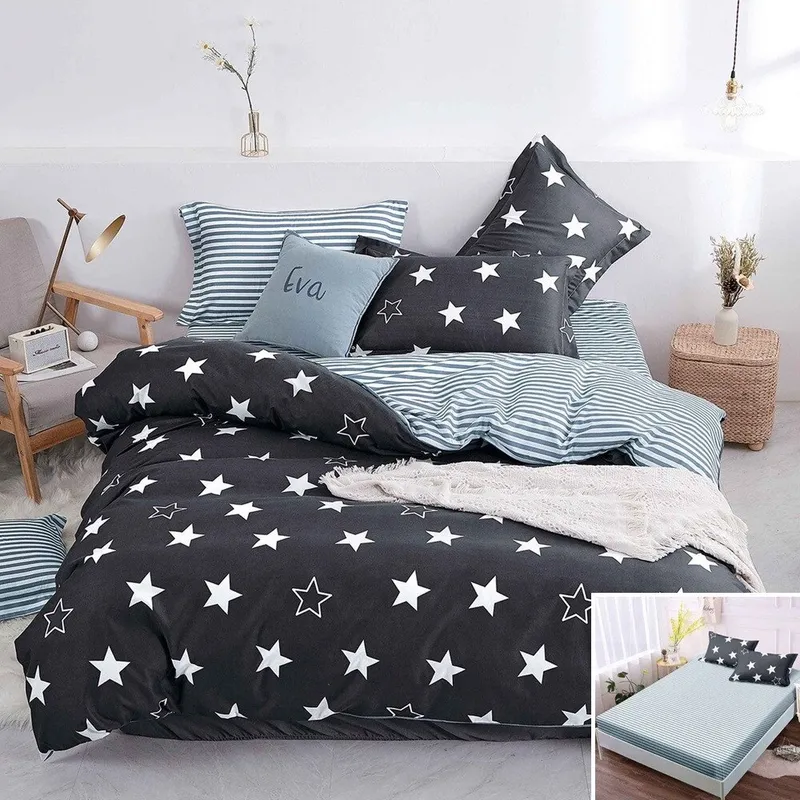 Lenjerie de pat, 2 persoane, bumbac satinat, 4 piese, cu elastic, negru si gri, cu stelute si dungi, LS4052