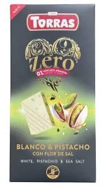 Ciocolata alba cu sare de mare si fistic Torras, fara zahar si fara gluten, 100 g