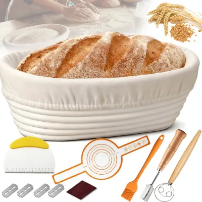 Cos pentru paine, BYONDSELF®, fermentare aluat, oval, pliabil, 25 cm, include accesorii patiserie, spatula, captuseala textil, mixer