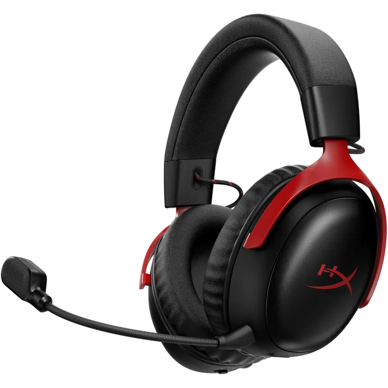 Casti gaming wireless HyperX Cloud III S, DTS Headphone:X Spatial Audio, 2.4GHz/Bluetooth, autonomie max. 120h 2.4GHz/200h BT, spuma cu memorie, microfon 10mm detasabil, software HyperX NGENUITY, multiplatforma, negru/rosu