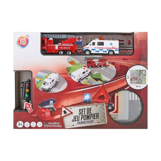 Set de joaca masini pompieri cu covoras One Two Fun, 70 x 80 cm