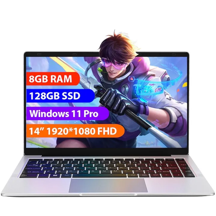 14" cu procesor Intel Celeron J4105, 8GB RAM, 128GB SSD, 1920*1080 FHD, Windows 11 Pro, Intel® UHD Graphics 600, 5GHz Wifi, 5000mAh, Argintiu
