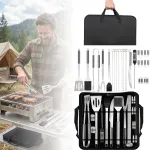 Set de 25 de accesorii gratar, set ustensile gratar cu husa de transport, otel inoxidabil premium, Include termometru, pensule, paie, frigarui, clesti, cadoul potrivit pentru gratar, argintiu