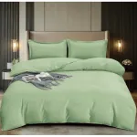 Lenjerie de Pat Dublu, Cearsaf cu Elastic, Damasc, Uni, 4 piese, 180x200cm, Verde Ou de Rata