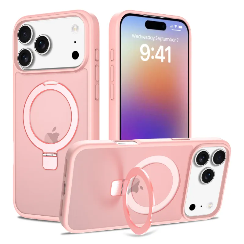 Husa de protectie pentru iPhone 17 Pro Max, Omelivon, MagSafe, Suport pentru inel, Margini ridicate pentru protectia ecranului, Anti-Soc, TPU Moale + PC Dur, Spate Semitransparent, Roz deschis