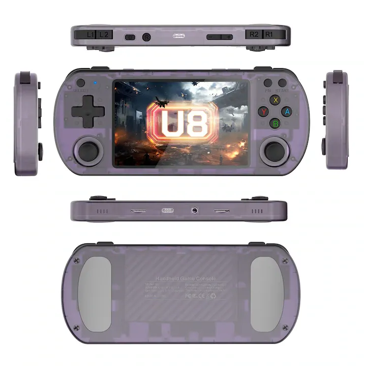 Consola retro 64GB cu jocuri, sistem de operare standard, procesor quad core 1.5GHz, 1GB LPDDR4, IPS OCA 4" 800x680, 3500 mAh, suport card TF, port microfon, portabila, violet transparent