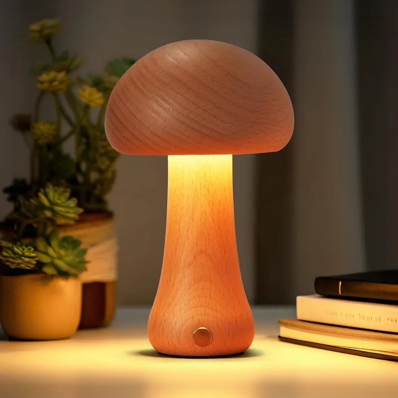 Lampa portabila fara fir, veioza din lemn in forma de ciuperca, lampa de veghe modern, acumulator reincarcabil, 16cm, pentru birou, dormitor, living sau sufragerie, Lumina calda si relaxanta, ideala pentru un decor autentic si confortabil