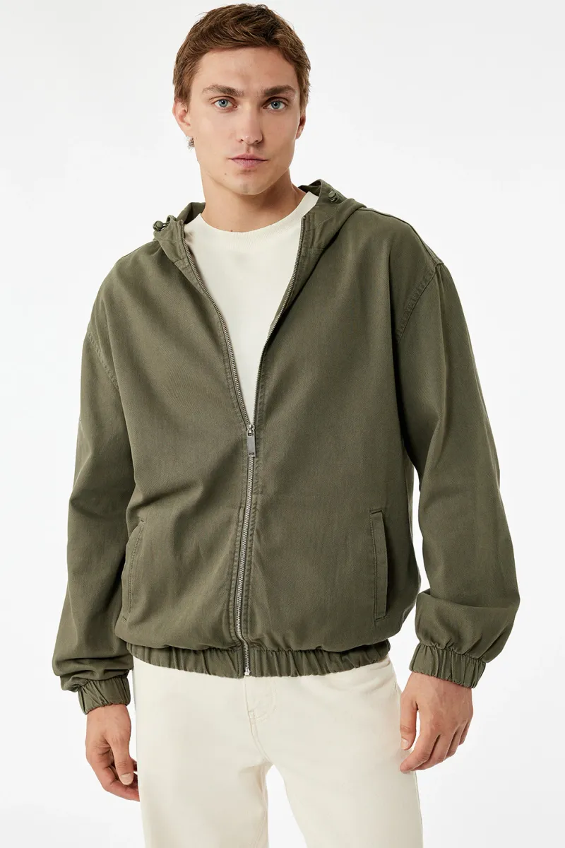 KOTON, Jacheta din denim cu gluga si buzunare laterale, verde militar prafuit, XL