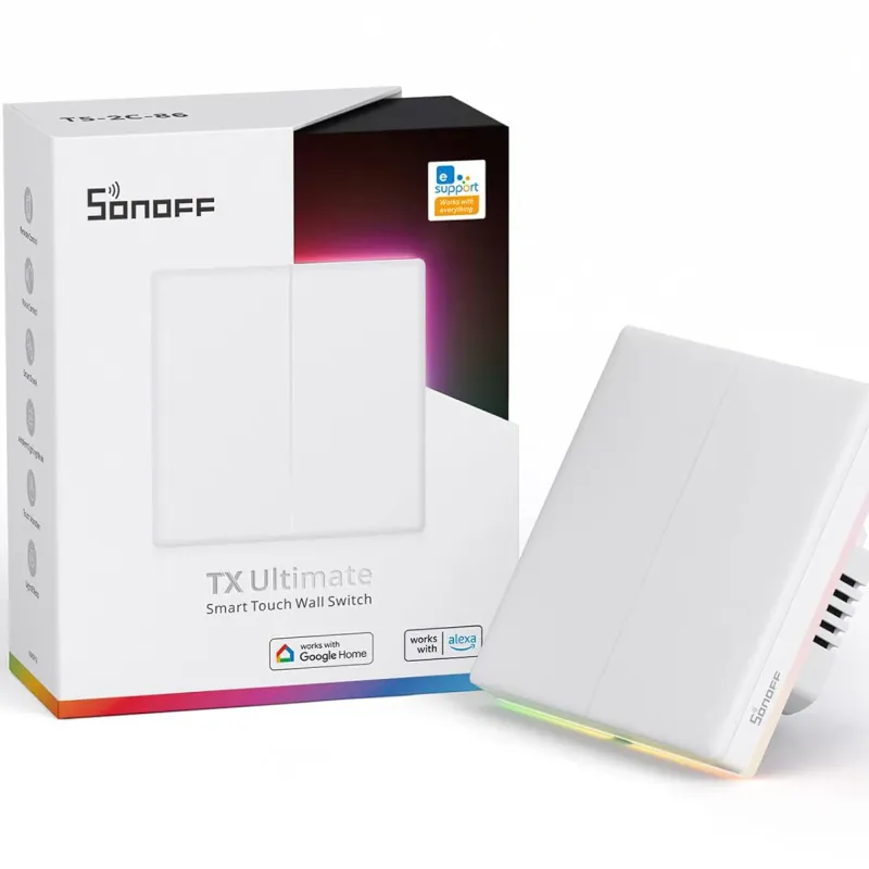 Intrerupator inteligent Sonoff T5-2C-86, Wi-Fi, cu full touch, 2 canale, lumina ambientala LED RGB, efect sunet si vibrare la apasare, 10A/2400W