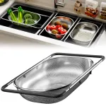Strecuratoare pliabila cu manere extensibile, sita pentru chiuveta spalat fructe si legume/scurs paste, 34 x 224 x 8.5cm (manere pliate), L54cm (manere extinse), inox