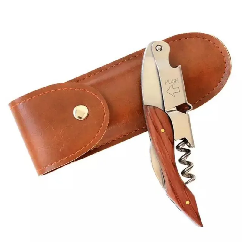 Tirbuson vin din Otel Inoxidabil, Multifunctional, Desfacator Sticle, Cutit Somelier, Lama Cutit Zimtat Incorporata, Maner Lemn Maro, Teaca din piele inclusa, 12.5 x 3 x 1.5 cm