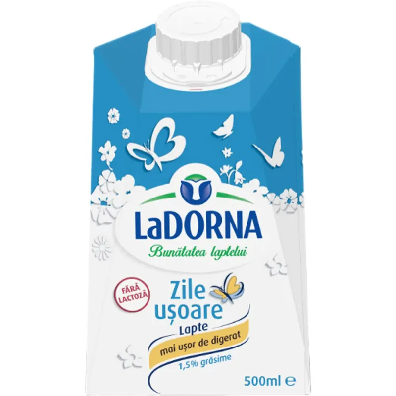Lapte de consum semidegresat LaDorna Zile Usoare, fara lactoza, 1.5% grasime, 500 ml
