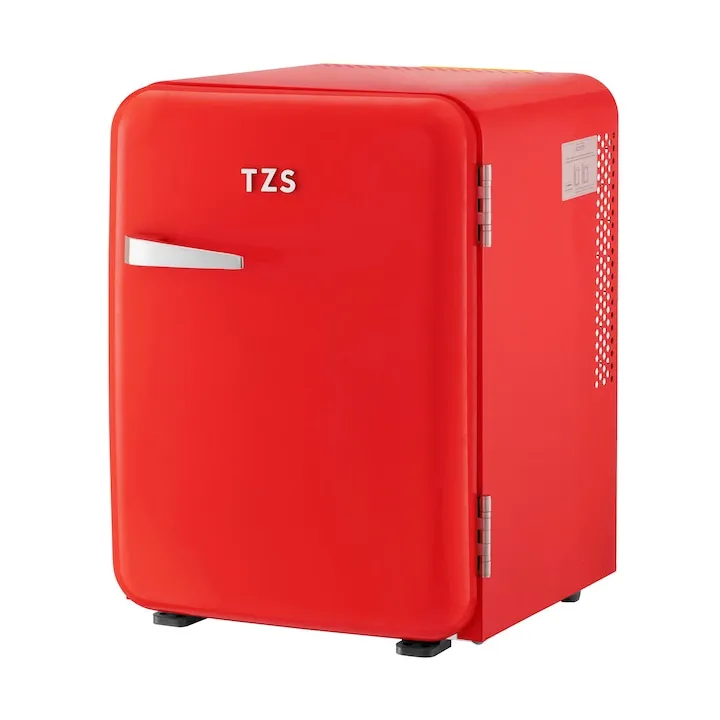 Retro mini frigider TZS First Austria 40L rosu – minibar silentios 22dB cu LED, design vintage elegant, camping, birou, dormitor, hotel