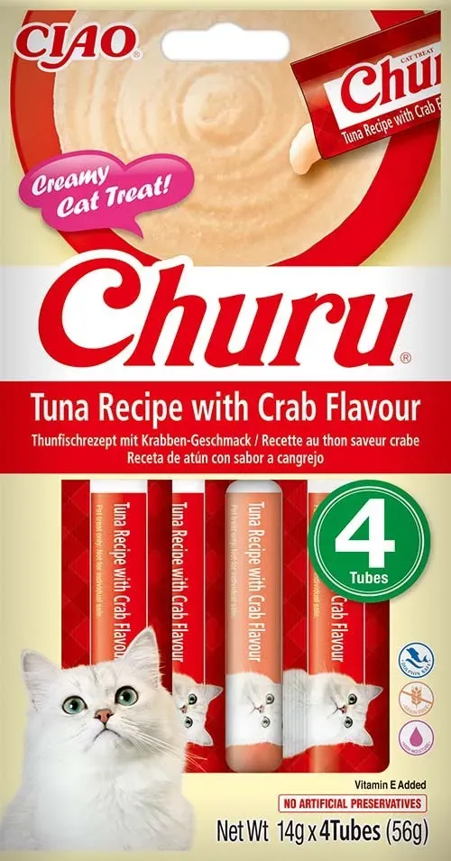 Recompense cremoase pentru pisici Inaba Churu, ton si crab, 4 x 14 g