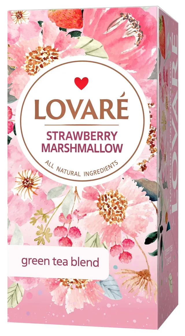 Amestec de ceai verde, fragute si petale de albastrele Lovare Strawberry Marshmallow, 24 pliculete