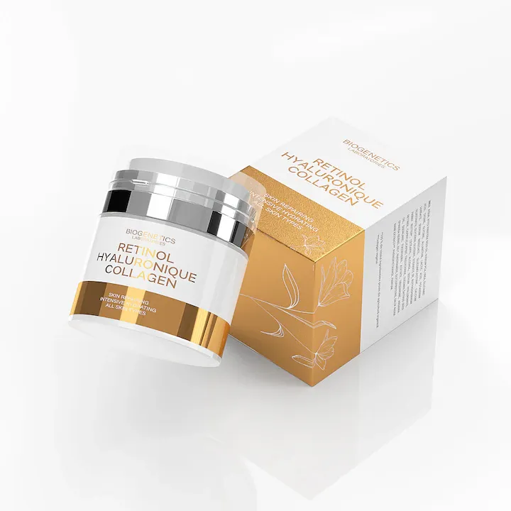 Crema Hidratanta pentru Fata, Crema cu Retinol si Acid Hialuronic, Tratament Antirid, Crema Anti-imbatranire, Hidratare Intensa, Vitamina E, Vitamina B3, Colagen, Reduce Ridurile si Petele Pigmentare, Toate Tipurile de Ten, Piele Luminoasa, 50ml, Biogenet