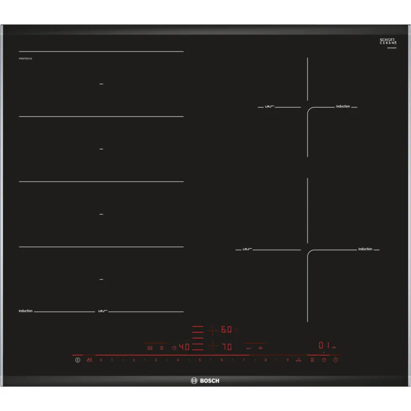 Plita incorporabila Bosch Seria 8 PXE675DC1E, Electrica, Inductie, 4 zone de gatit, PowerBoost, 60 cm, Negru