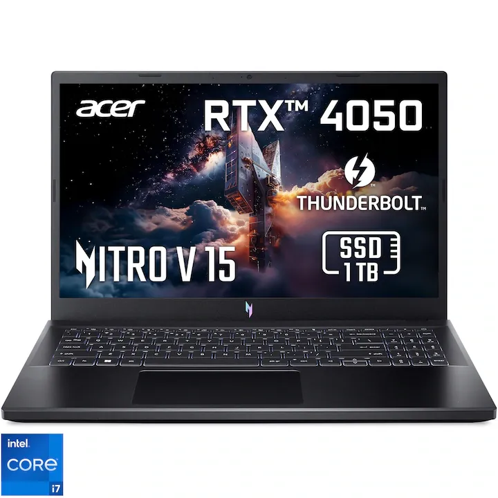 Gaming Acer Nitro V15 ANV15-51-72C4 cu procesor Intel® Core™ i7-13620H pana la 4.9GHz, 15.6'', Full HD, IPS, 165Hz, 16GB DDR5 RAM, 1TB SSD, NVIDIA® GeForce RTX™ 4050 6GB GDDR6, No OS, Obsidian Black