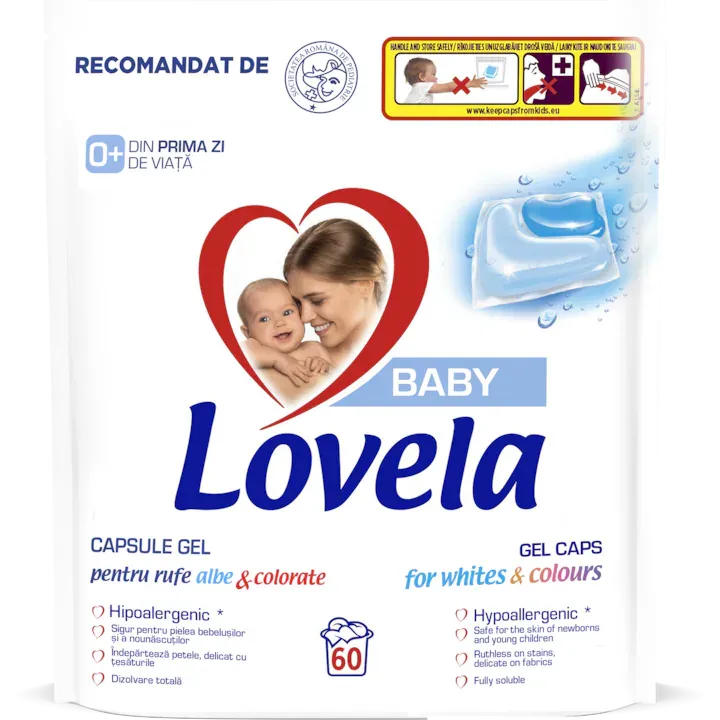 Detergent capsule gel pentru rufe albe & colorate Lovela, 60 spalari