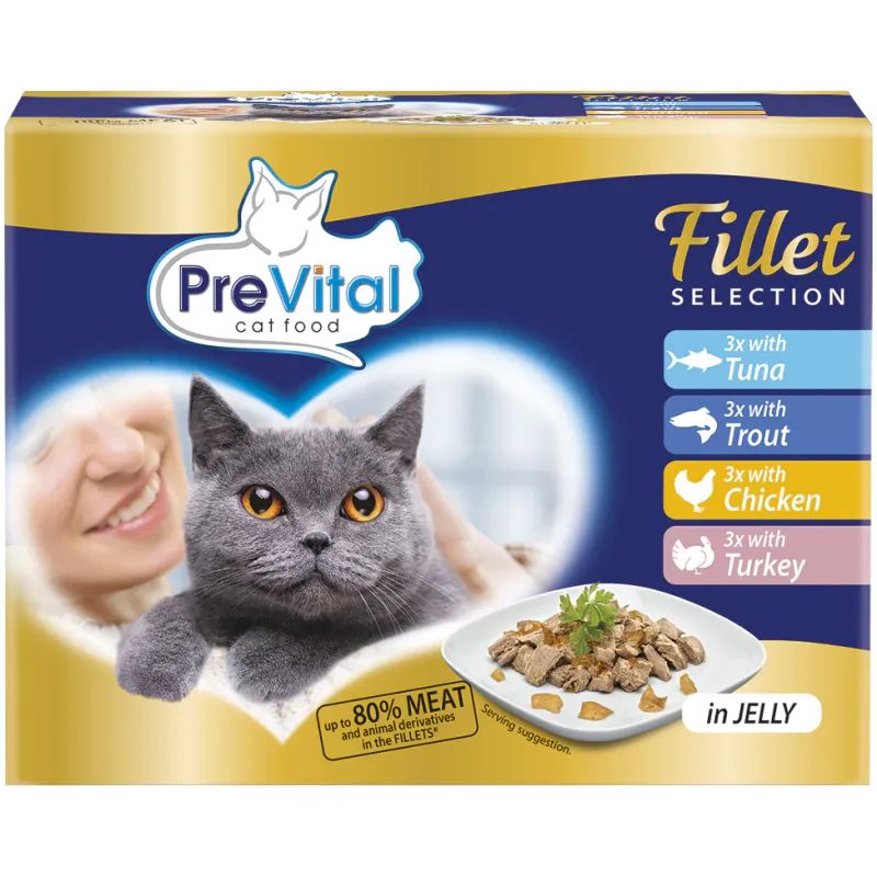 Hrana umeda pentru pisici PreVital, Fillet Selection Pouch, in gelatina, Ton, Pastrav, Pui, Curcan, 12x85g