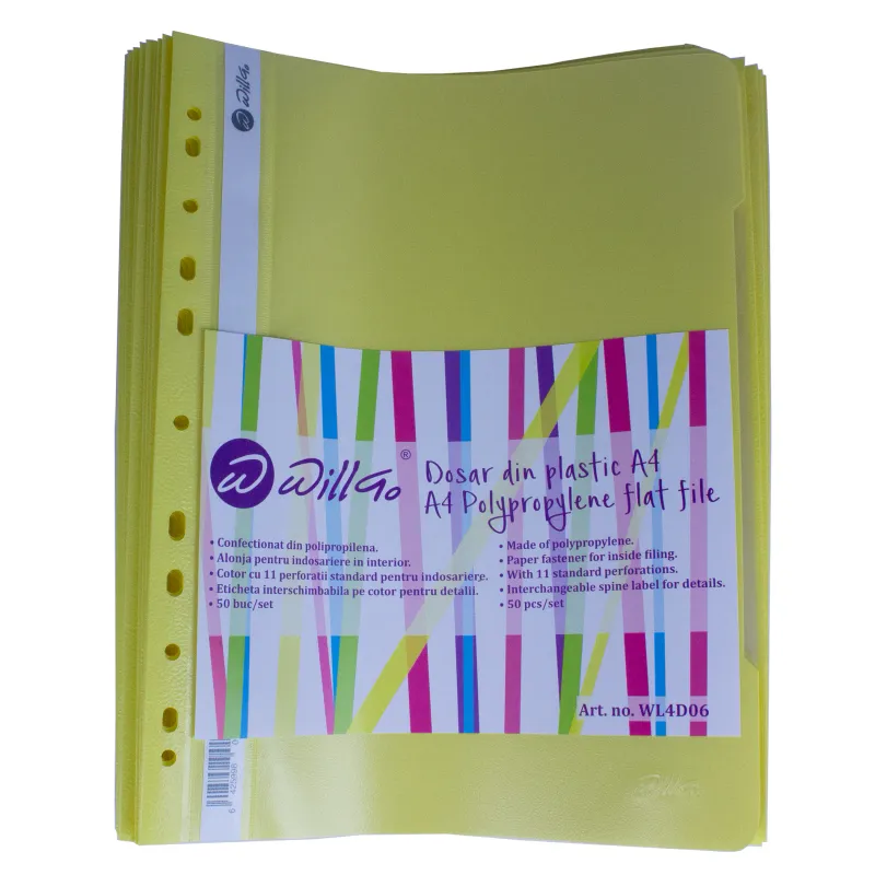 Dosar din plastic Willgo cu sina si 11 perforatii , 50 buc/set, Galben