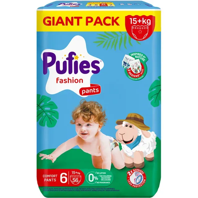 Scutece Chilotel Pufies Fashion & Nature Giant Pack, marimea 6, 15+ kg, 56 bucati