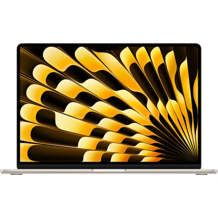 Laptop Apple MacBook Air 15.3'', cu procesor Apple M3, 8 nuclee CPU si 10 nuclee GPU, 24GB, 512GB, Starlight, Tastatura Internationala
