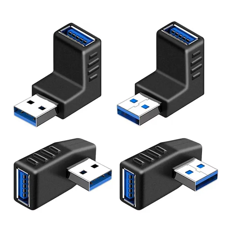 Set 4 adaptoare USB 3.0, ZGGZERG, Adaptoare de extensie USB 3.0, Viteza de Transfer 10 Gbps, 90 de grade, Plug and play, Compact si portabil, Pentru telefoane mobile, tablete, computere, PVC, Diverse dimensiuni, Negru
