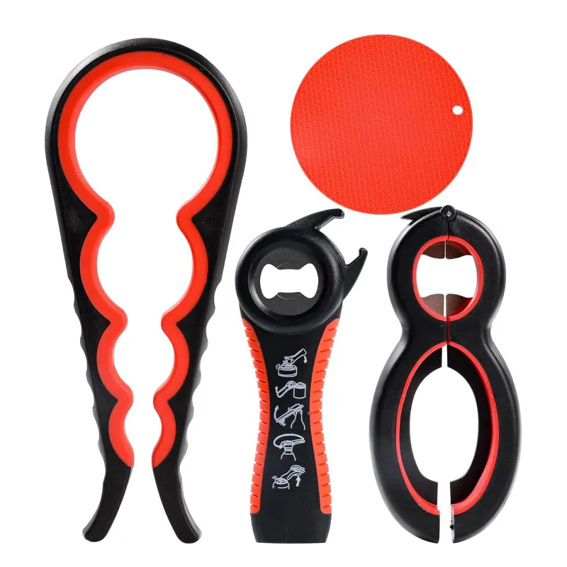 Desfacator universal pentru deschidere capace, ZGGZERG, Set desfacatoare multifunctionale, Set 4, Este rezistent la coroziune, Rezistent la uzura si durabil, Portabil, Poate fi atarnat, Pentru sticle de bere, Otel inoxidabil, Marimi multiple, Rosu