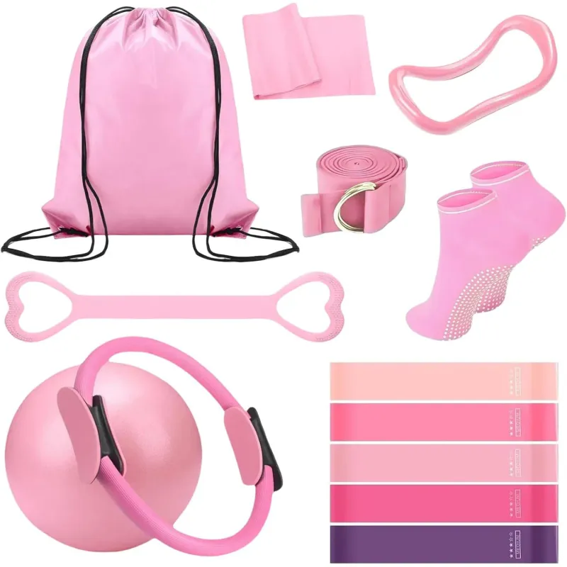 Set de echipamente Pilates, WALALLA, Set cu 13 piese, include bandaj Pilates, banda de rezistenta, minge de yoga, Potrivit pentru exercitii acasa, modelare corporala, fitness, roz