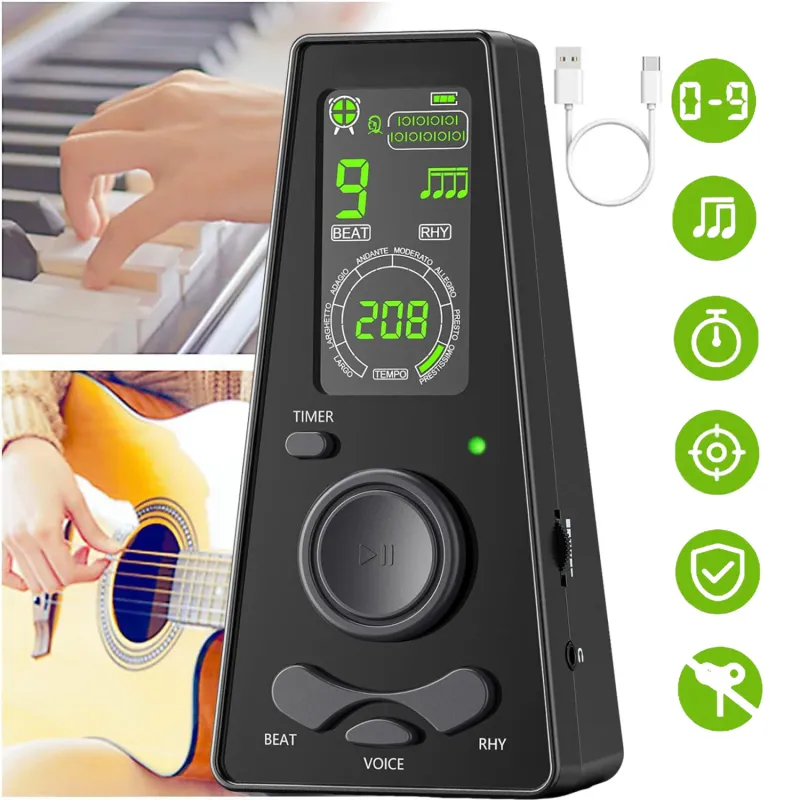 Metronom Digital, AKKEE, cu Temporizator, Contorizarea Vocii si a Sunetul, Electronic, Portabil, Universal, Durabile, Afisaj LCD, Operare cu o Singura Atingere, 40-208 Batai/min, Control Volum si Tempo, pentru Pian, Vioara, Chitara, Tobe, Negru